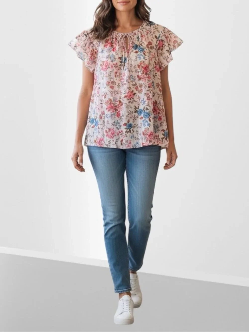 Joie Pink Floral Flutter-Sleeve Blouse with Blue Accents Women’s M - Picture 1 of 10
